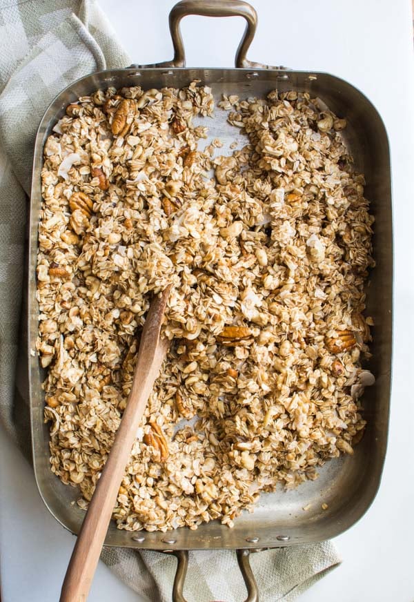 granola mixture in baking pan