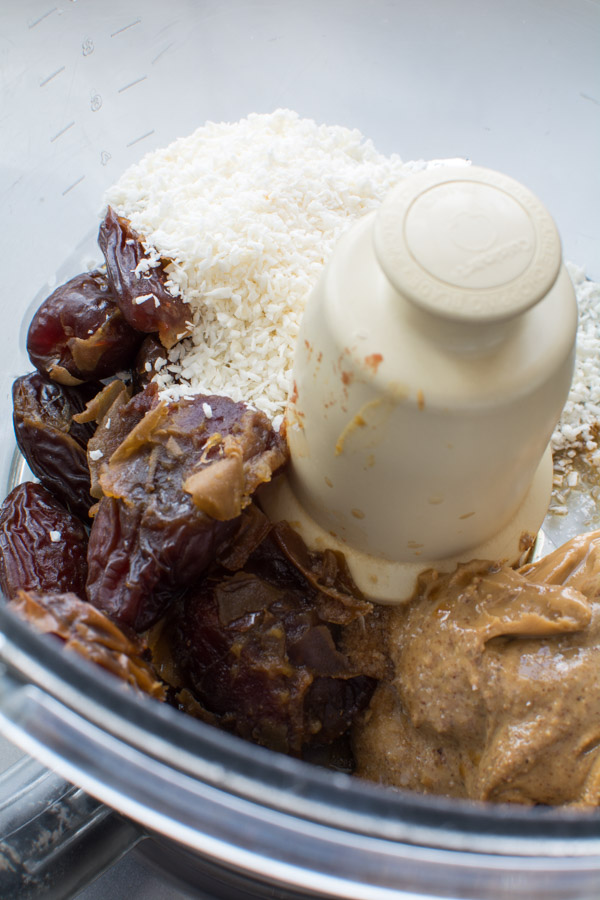 dates, coconut, almond butter in food processor