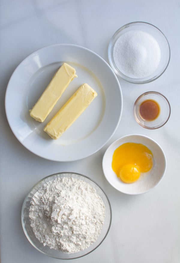 Cookie ingredients measured in bowls