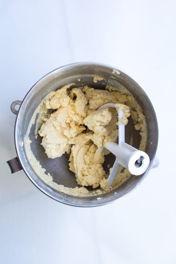 sugar cookie dough in mixing bowl