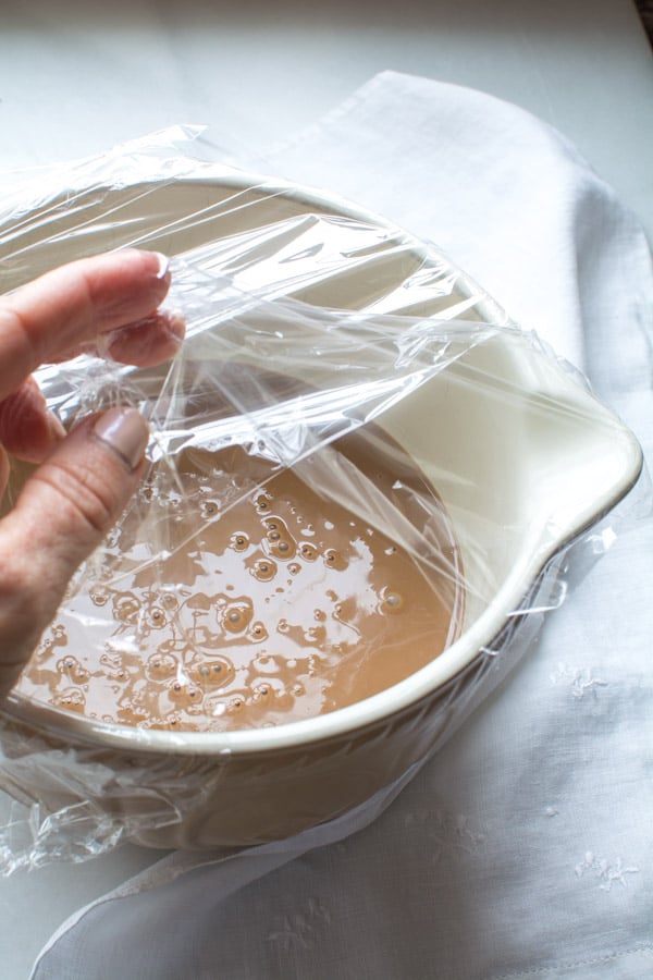 ice cream base in bowl covered with plastic wrap