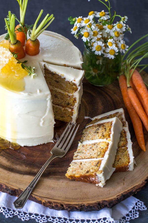 Layered Carrot cake with slices cut
