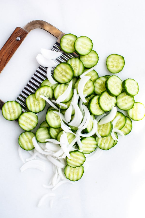 ripple slice cucumbers and white onion slices