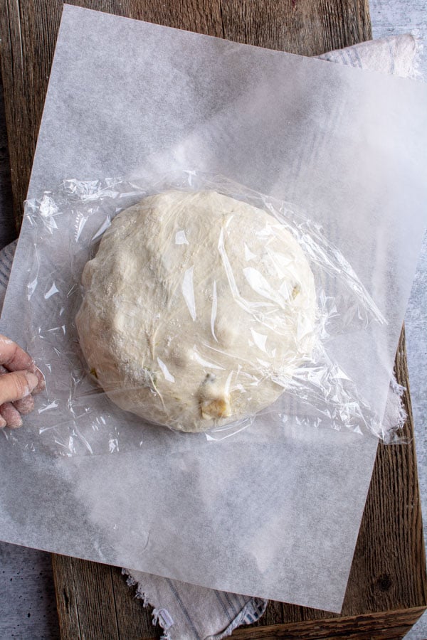 plastic wrap covering kneaded bread dough