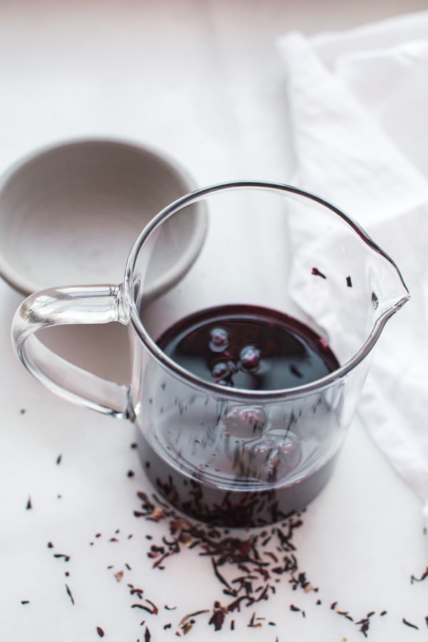 dried hibiscus steeping in water