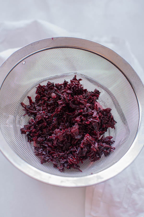 hibiscus in strainer