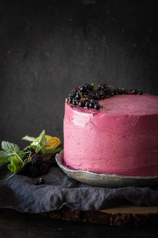 chocolate zucchini cake with hibiscus icing one great plate with black background