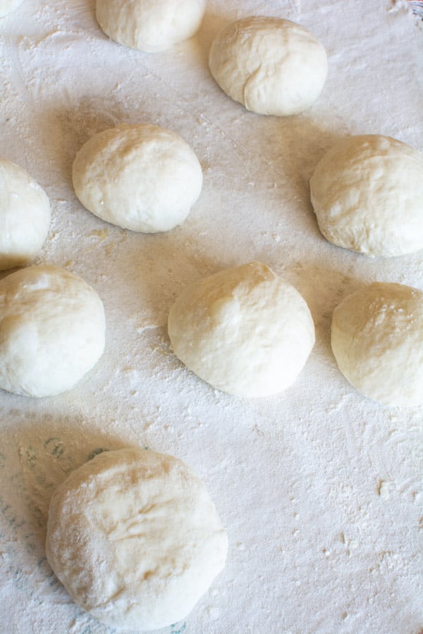 No-knead fougasse dough divided into balls