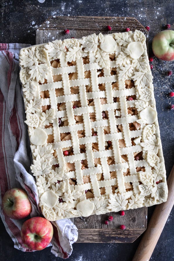 overhead shot of lattice apple cranberry slab pie