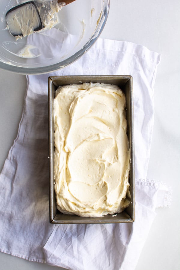 No-churn lemon curd ice cream in a bread pan