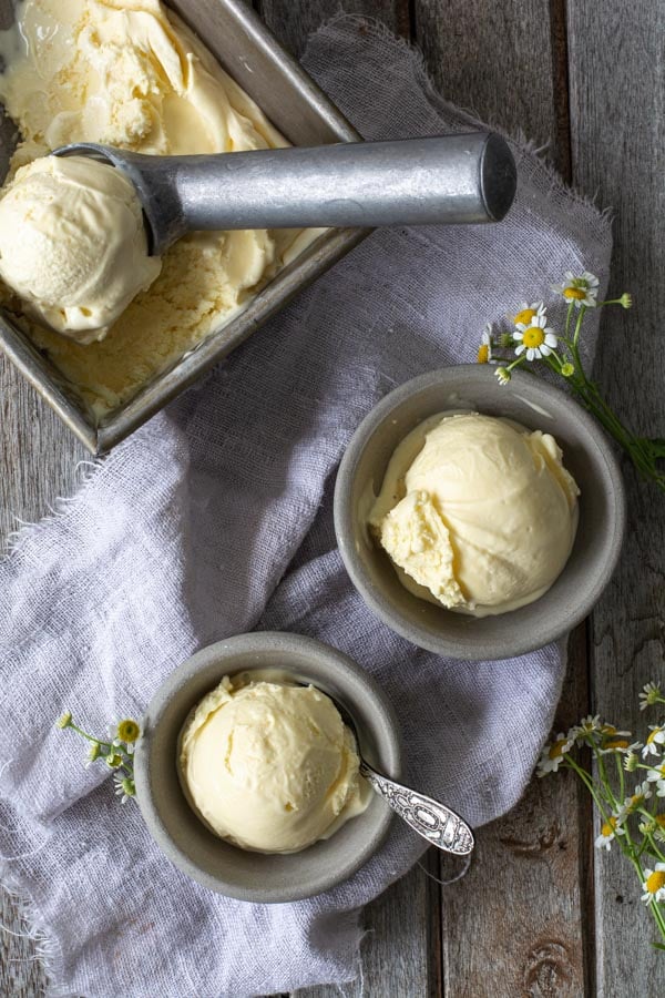 two gray bowls with a scoop of homemade vanilla ice cream