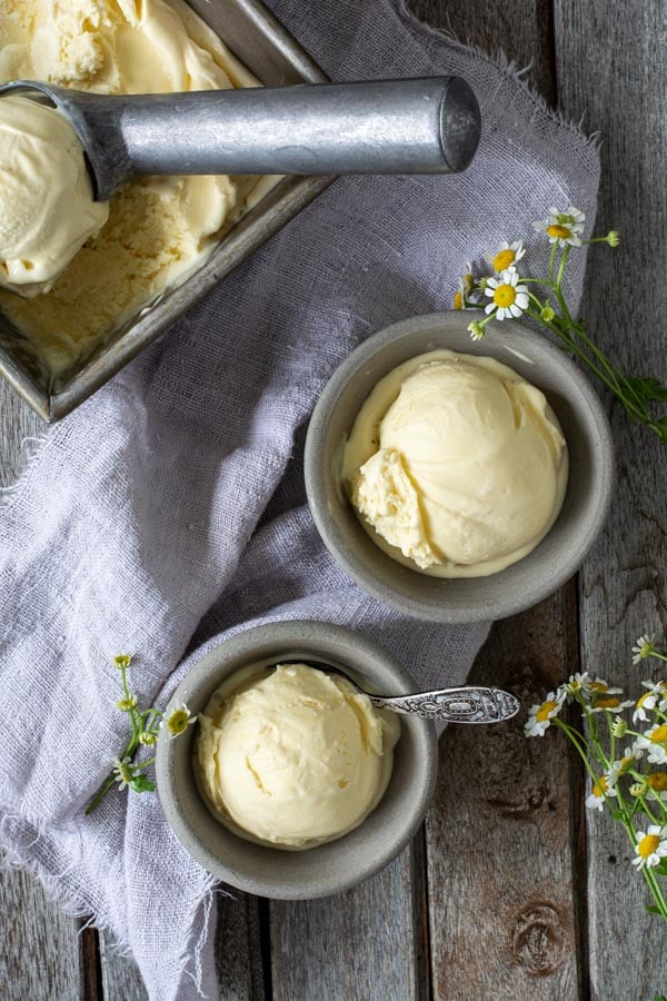 a scoop of homemade vanilla ice cream in two gray bowls
