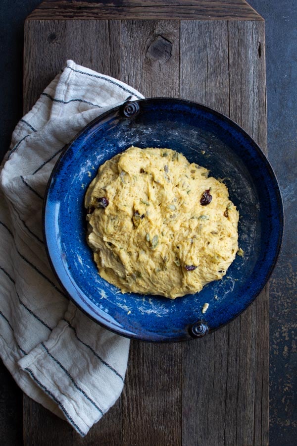 No-knead pumpkin harvest bread dough in a blue bowl after rising.