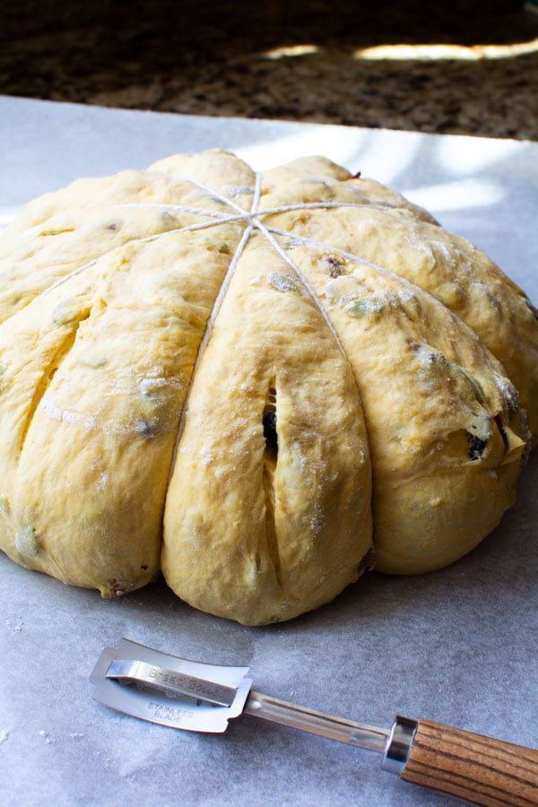 No-knead pumpkin harvest bread dough shaped with string to form a pumpkin