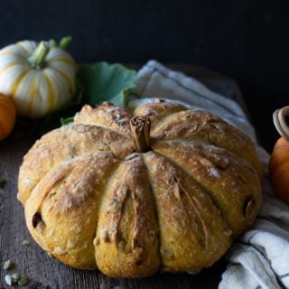 baked no-knead pumpkin harvest bread with a cinnamon stem in the middle. white and orange mini pumpkins in background