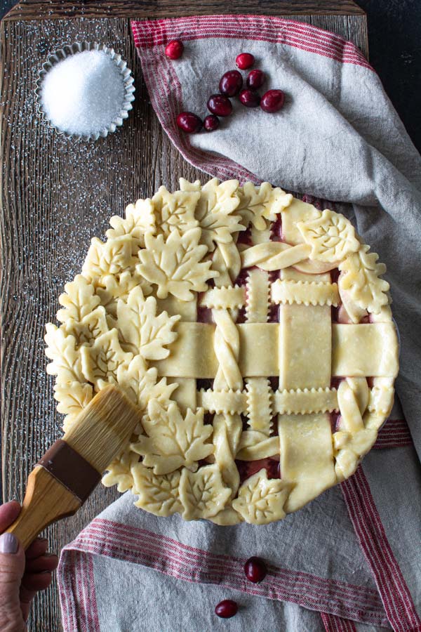 Pie with decorative lattice crust brushed with egg