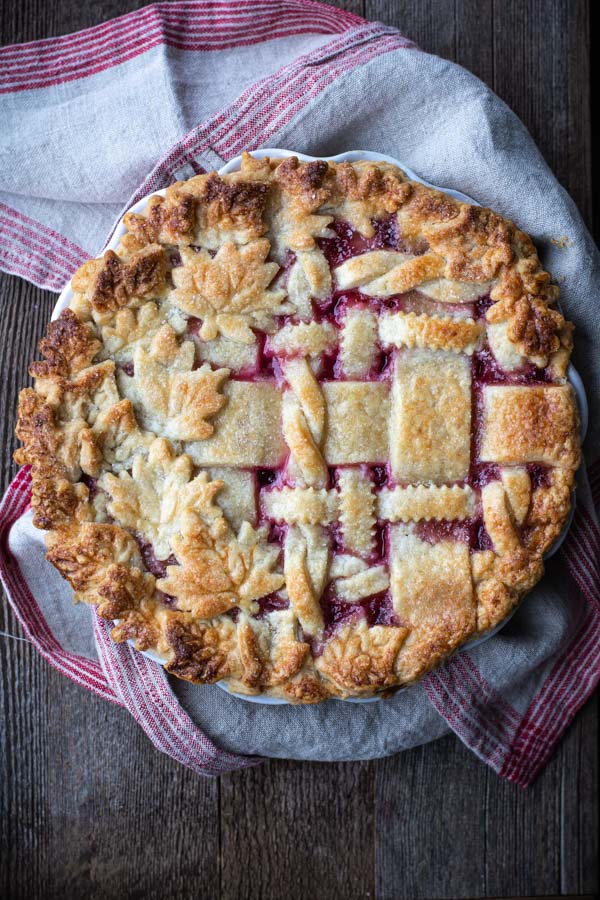 Baked cranberry peach pie with lattice crust