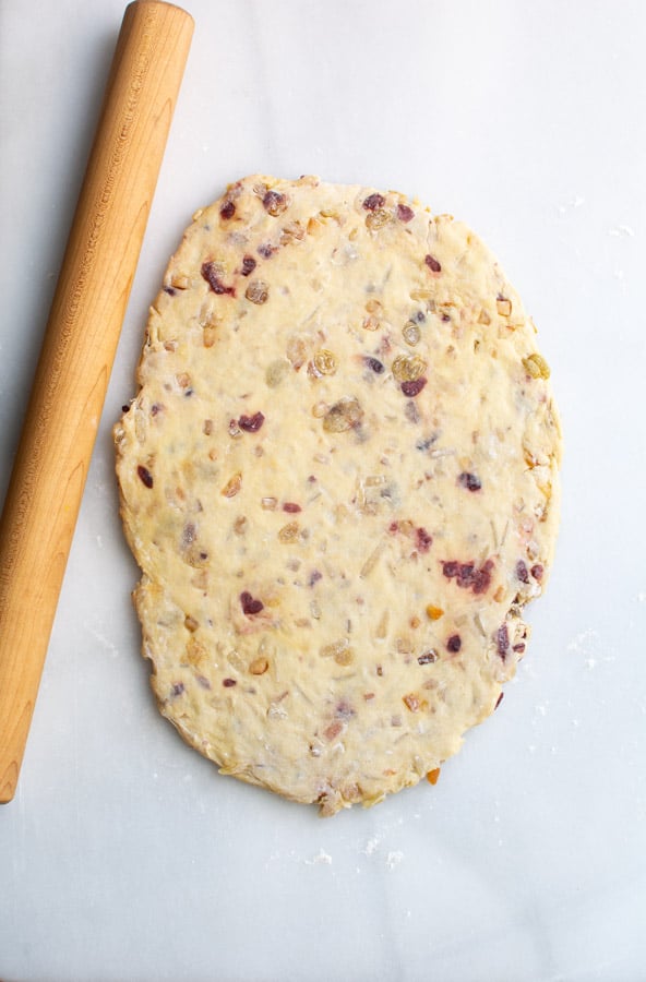 Rolled Stollen dough in an oval shape