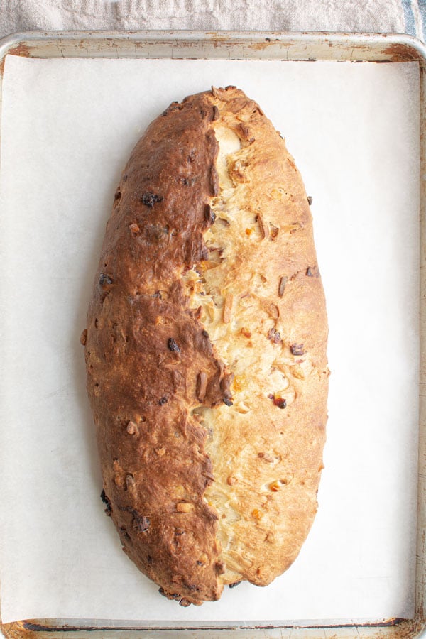 Baked loaf of stollen