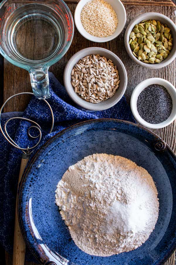 Several bowls with Dakota bread ingredients