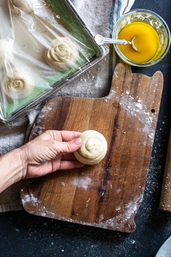 Overhead view of rolled up paratha dough