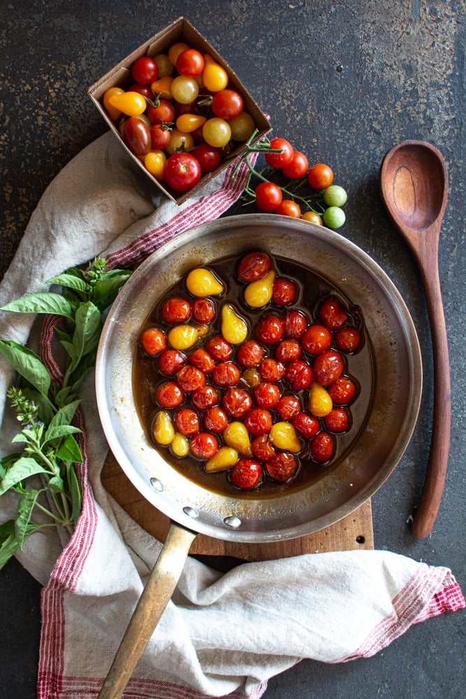 Cherry tomatoes simmering in balsamic vinegar and honey