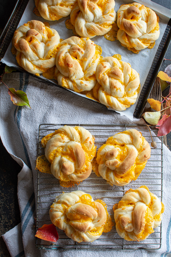Giant cheddar twists on a cooling rack and some on a baking sheet with a linen towel back drop with autumn leaves