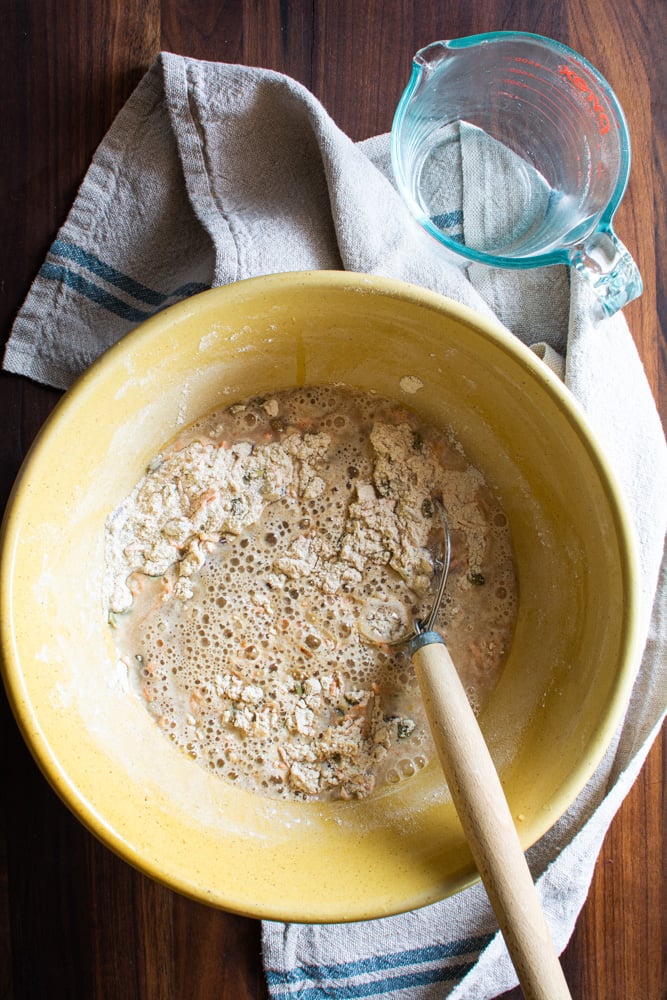 Large Yellow Bowl with bread ingredients and water poured over top