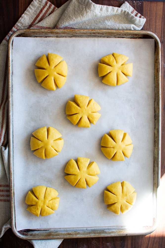 Unbaked Pumpkin shaped buns on a baking sheet.