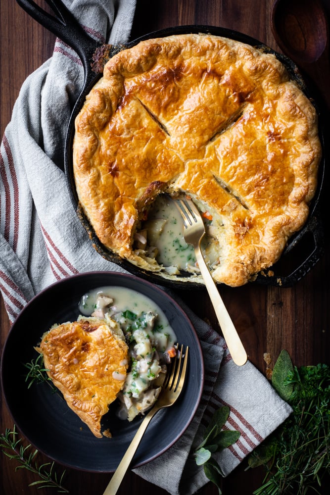 Roasted Chicken Pot Pie overhead shot with a scoop in a bowl.