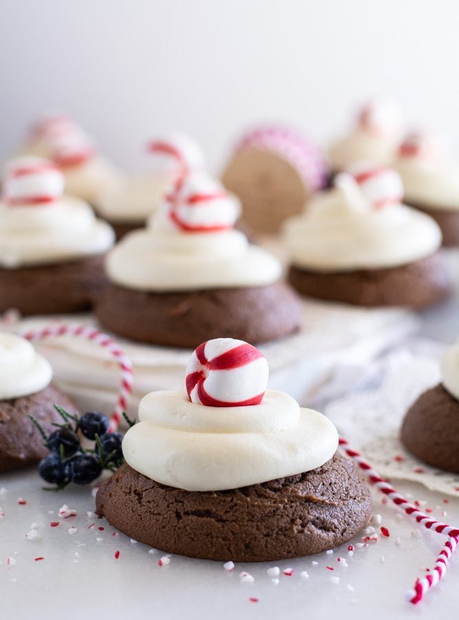 Chocolate cookies with cream cheese icing swirl topped with peppermint candy