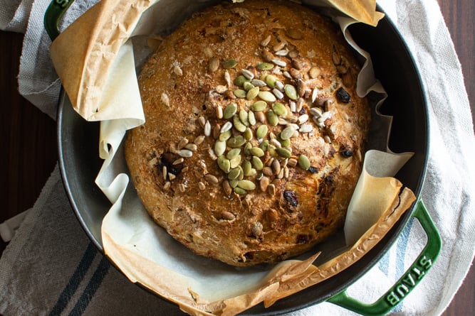 Baked loaf of breakfast bread in a pot